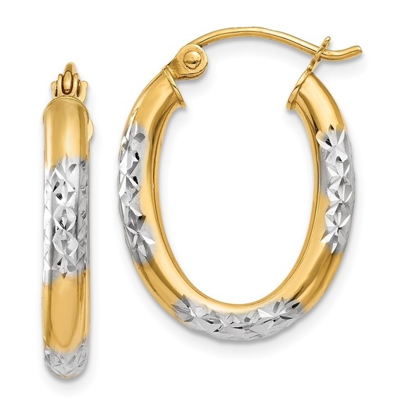 14k Yellow Gold & 3mm Diamond Cut Oval Hollow Hoop Earring 21 L x 15 mm W